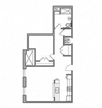 Floor plan for 1 bed, 1 bath, 973 sqft
